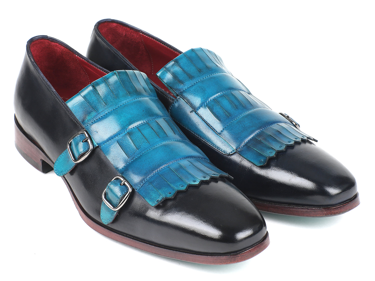 Paul Parkman Men's Blue & Navy Kiltie Double Monkstraps featuring hand-painted calfskin and turquoise leather sole.